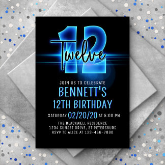 Blue Neon 12th Birthday Invitation