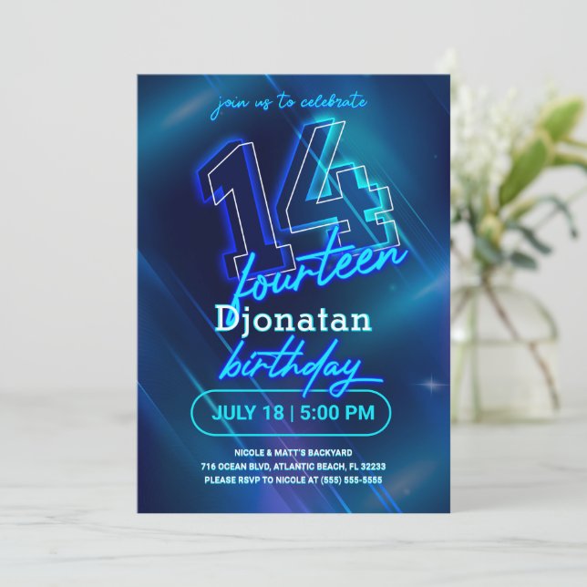 Blue Neon 14th Birthday Party Invitation Card (Standing Front)
