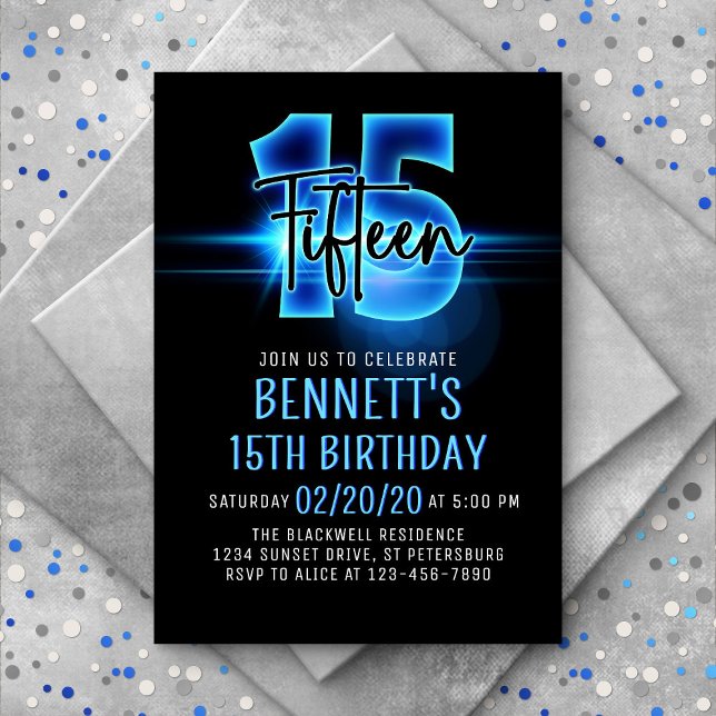Blue Neon 15th Birthday Invitation (Creator Uploaded)