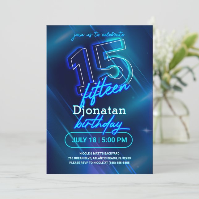 Blue Neon 15th Birthday Party Invitation Card (Standing Front)