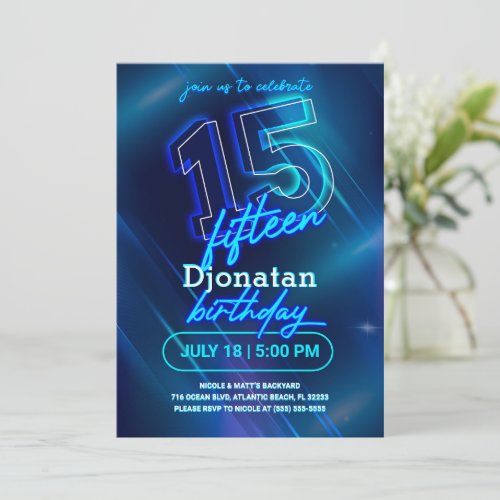 Blue Neon 15th Birthday Party Invitation Card