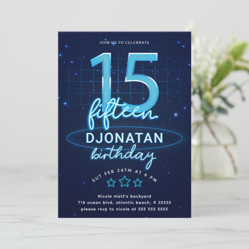 Blue Neon 15th Birthday Party Lets Glow Crazy Invitation