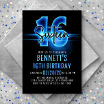 Blue Neon 16th Birthday Invitation<br><div class="desc">Turn the lights up on the perfect party for him with this neon birthday design. Featuring bold numbers and script flaring with light, this invitation is as cool as it is eye-catching. The electric blue glow gives the design an edgy, urban vibe that's perfect for your kid or teen, whether...</div>