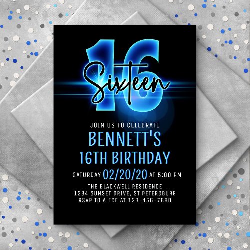 Blue Neon 16th Birthday Invitation