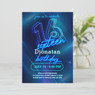 Blue Neon 16th Birthday Party Invitation Card