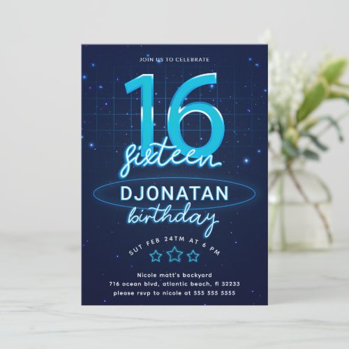 Blue Neon 16th Birthday Party Lets Glow Crazy Invitation