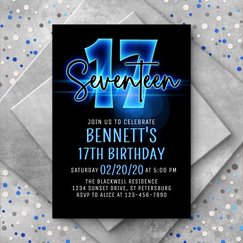 Blue Neon 17th Birthday Invitation