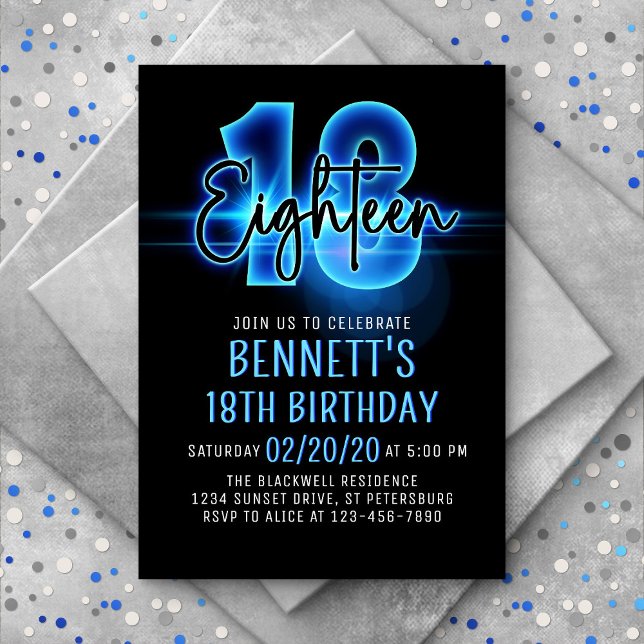 Blue Neon 18th Birthday Invitation (Creator Uploaded)