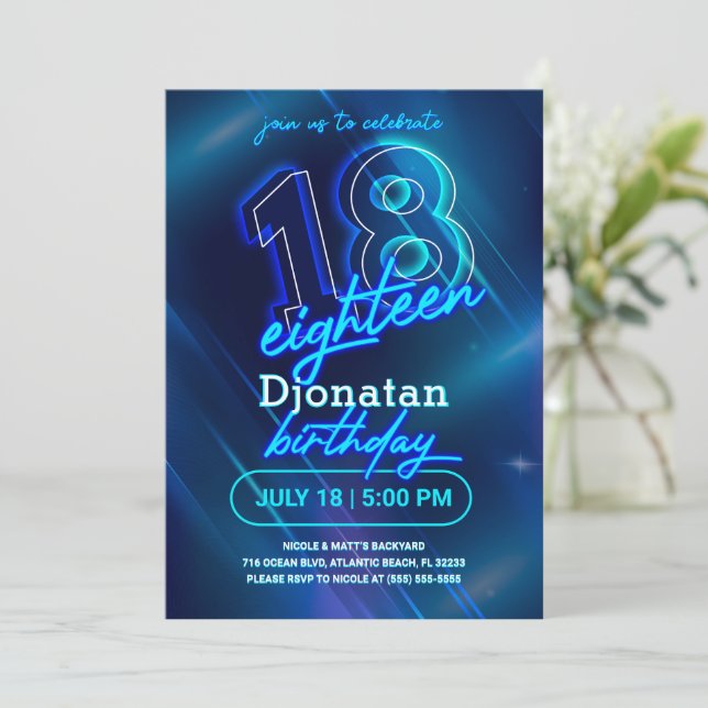 Blue Neon 18th Birthday Party Invitation Card (Standing Front)