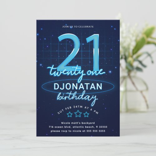 Blue Neon 21st Birthday Party Lets Glow Crazy Invitation
