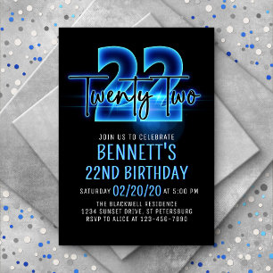 Blue Neon 22nd Birthday Invitation