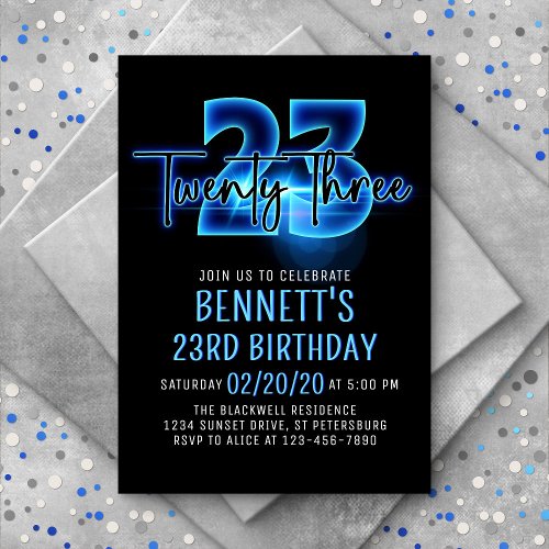 Blue Neon 23rd Birthday Invitation