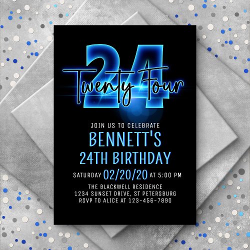 Blue Neon 24th Birthday Invitation