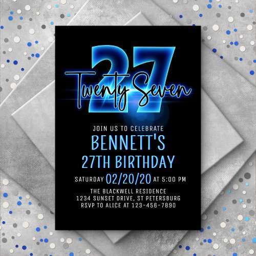 Blue Neon 27th Birthday Invitation