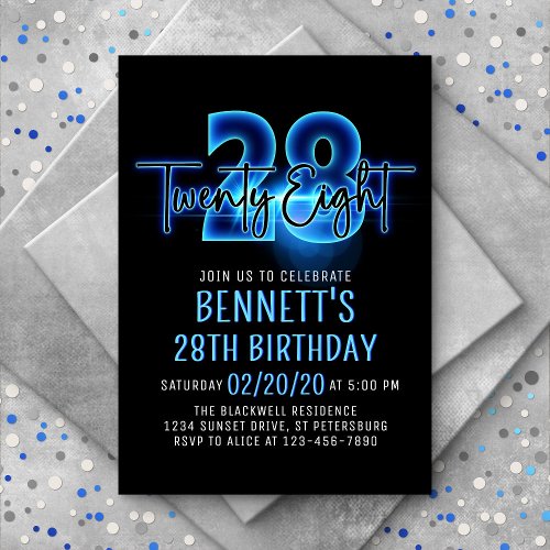 Blue Neon 28th Birthday Invitation