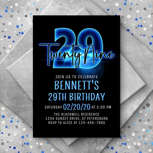 Blue Neon 29th Birthday Invitation