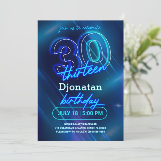 Blue Neon 30th Birthday Party Invitation Card (Standing Front)