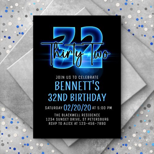Blue Neon 32nd Birthday Invitation