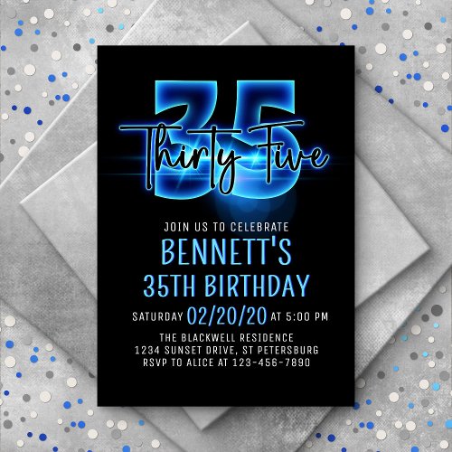 Blue Neon 35th Birthday Invitation