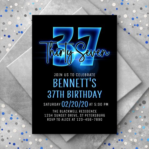 Blue Neon 37th Birthday Invitation