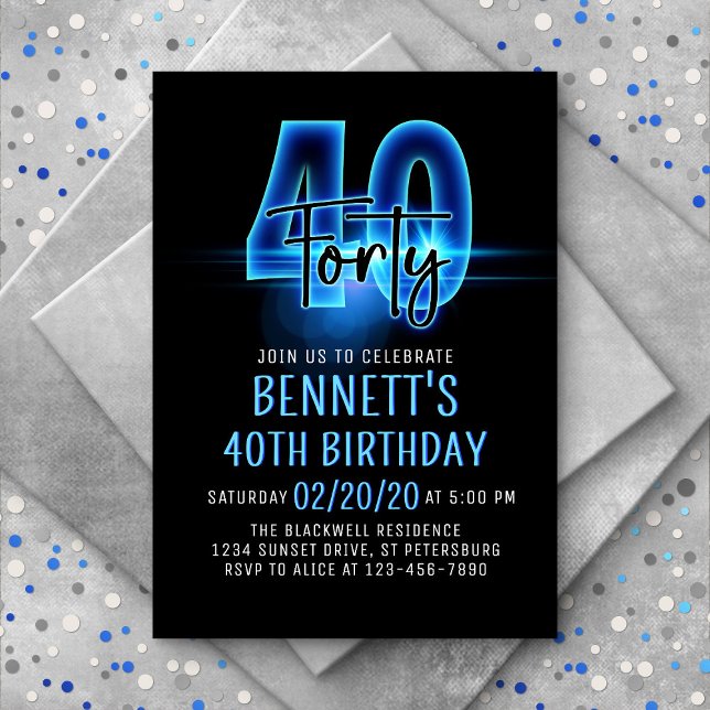 Blue Neon 40th Birthday Invitation (Creator Uploaded)