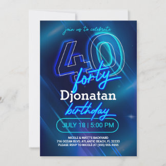 Blue Neon 40th Birthday Party Invitation Card