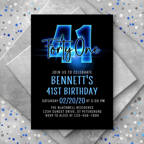 Blue Neon 41st Birthday Invitation