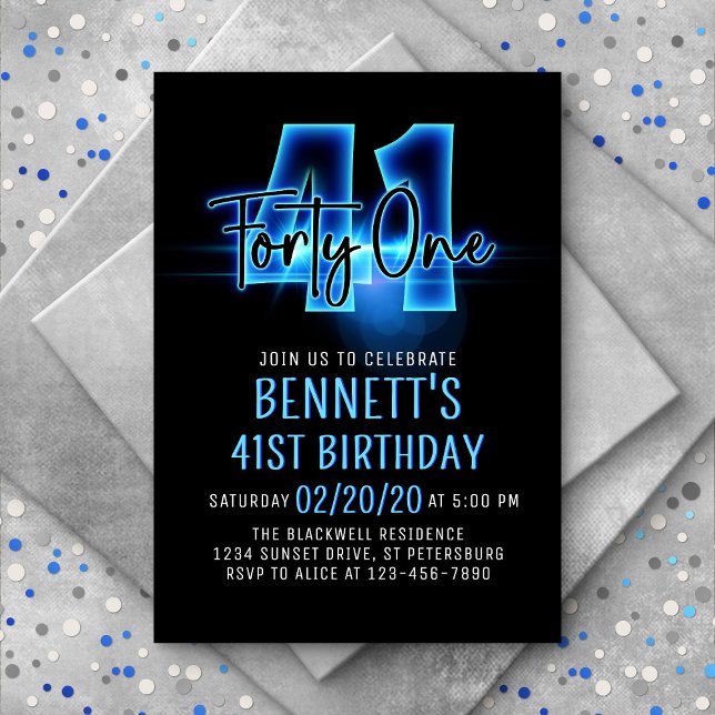Blue Neon 41st Birthday Invitation (Creator Uploaded)