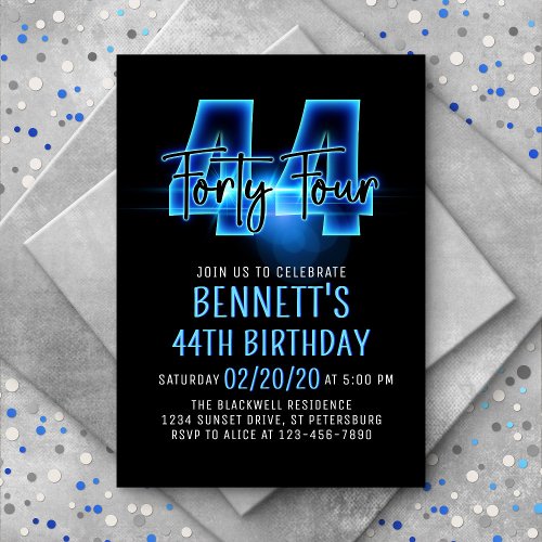 Blue Neon 44th Birthday Invitation