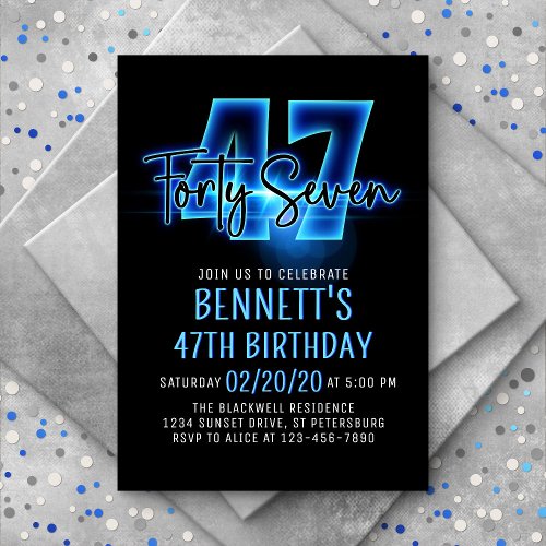 Blue Neon 47th Birthday Invitation