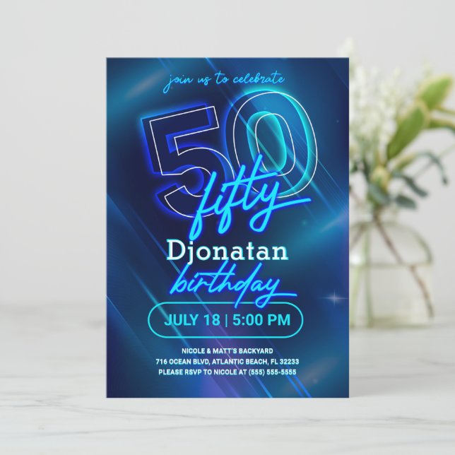 Blue Neon 50th Birthday Party Invitation Card (Standing Front)