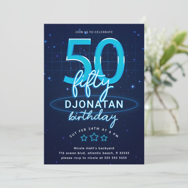 Blue Neon 50th Birthday Party Let's Glow Crazy Invitation (Standing Front)