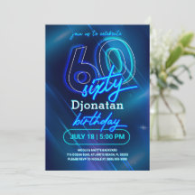 Blue Neon 60th Birthday Party Invitation Card