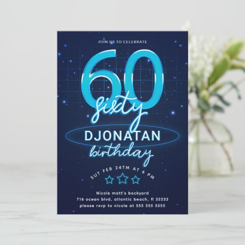 Blue Neon 60th Birthday Party Lets Glow Crazy Invitation