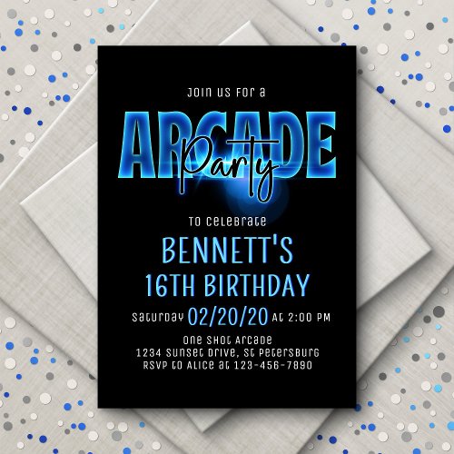 Blue Neon Arcade Party Birthday Invitation