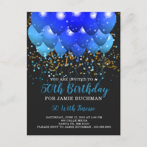 Blue Neon Balloons Confetti 50th Birthday Party Invitation Postcard