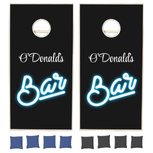 Blue Neon Bar Effect Any Name Script on Black Cornhole Set