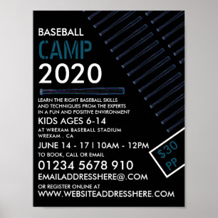 Blue Neon Baseball Bat, Baseball Camp Advertising Poster