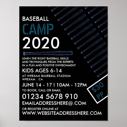 Blue Neon Baseball Bat Baseball Camp Advertising Poster