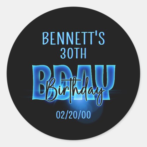 Blue Neon Birthday Classic Round Sticker