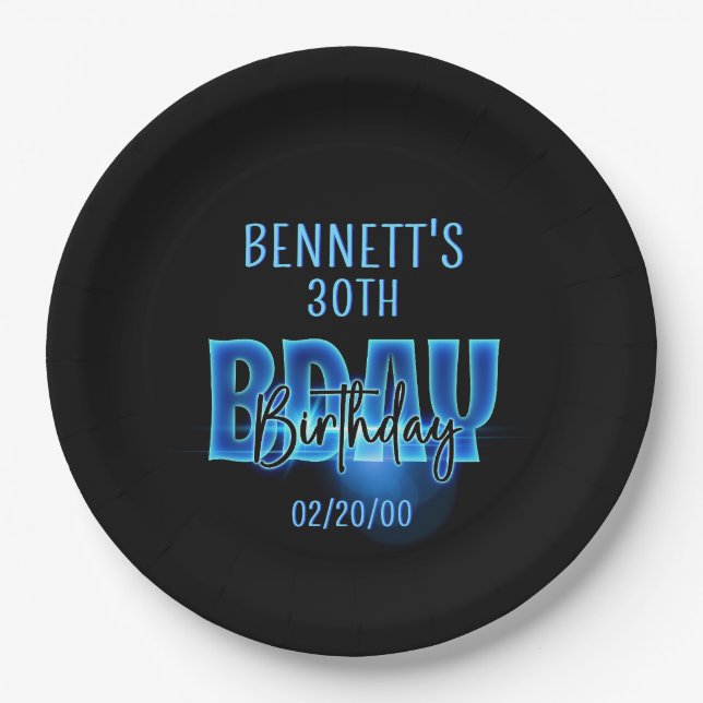 Blue Neon Birthday Paper Plates (Front)