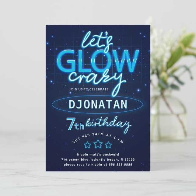Blue Neon Birthday Party Let's Glow Crazy Invitation (Standing Front)