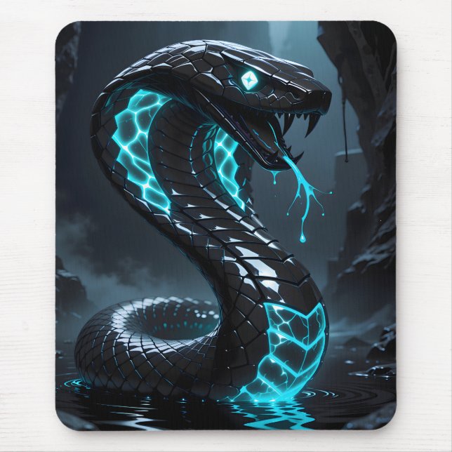 Blue Neon Black Snake Glowing Cobra Fantasy Gaming Mouse Pad (Front)