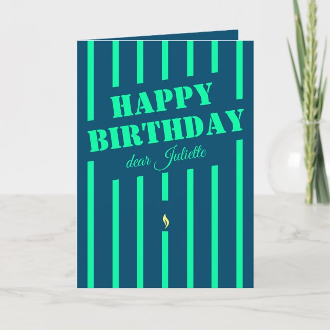 Blue neon candle happy birthday greeting card (Front)