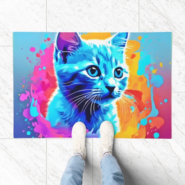 Blue Neon Cat in Splatter Doormat (Indoor)