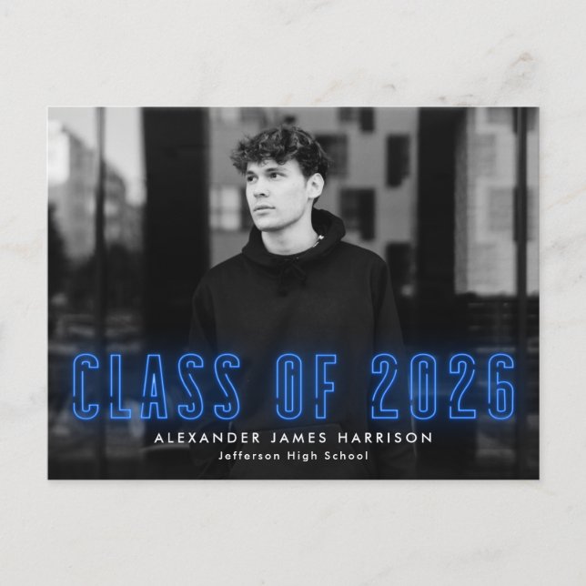 Blue Neon Class of 2025 Photo Graduation Party Invitation Postcard (Front)