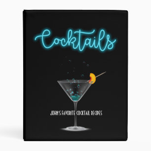 Blue Neon Cocktail Recipe Organizer Martini Glass Mini Binder