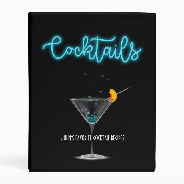 Blue Neon Cocktail Recipe Organizer Martini Glass Mini Binder (Front)