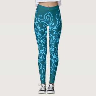 Blue Neon Dark Teal Abstract Line Art Trendy Leggings