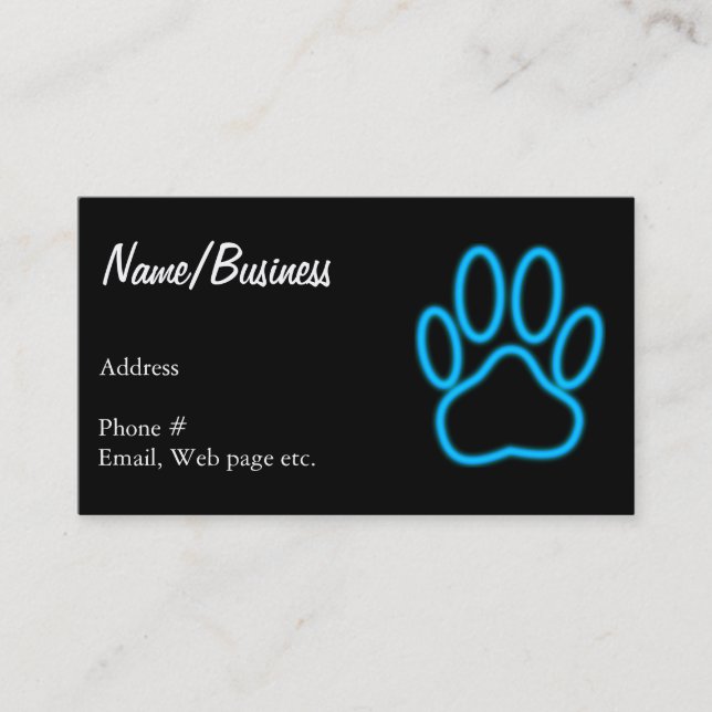 Blue Neon Dog Paw Print Business Card (Front)